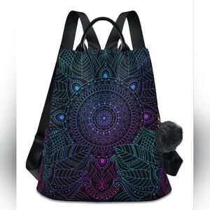 Mandala Pattern Backpack with Pom Pom - Black and Blue